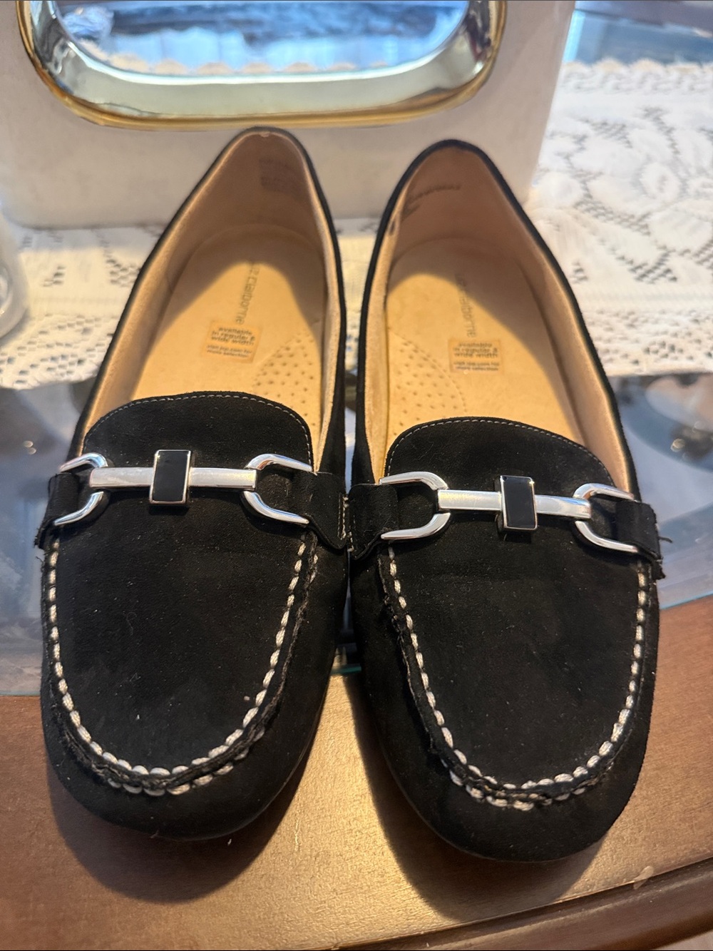 Liz Claiborne Black Suede Loafers with Silver-Tone Bit
